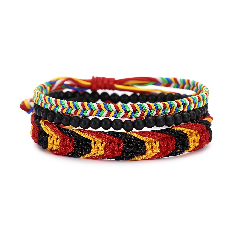 3pc Vintage Braided Rope Bracelet Set for Men, Black Wooden Beads